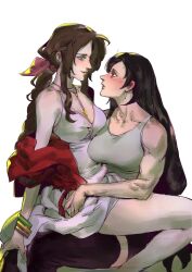  2girls aerith_gainsborough black_hair black_thighhighs blush bracelet brown_hair commentary dress earrings english_commentary final_fantasy final_fantasy_vii final_fantasy_vii_remake green_eyes grey_tank_top highres jacket jewelry long_hair mochimicho97 multiple_girls off_shoulder parted_lips purple_dress red_eyes red_jacket simple_background sitting sitting_on_lap sitting_on_person sweat tank_top thighhighs tifa_lockhart white_background yuri 