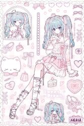  absurdres ankle_bow bad_link bag black_collar blue_background blue_hair border bow breasts cake cake_slice character_name chibi cleavage closed_mouth collar cropped_torso crossed_bangs dot_nose eyelashes female food frilled_skirt frilled_tank_top frills full_body gelatin grey_ribbon grey_shoes hair_between_eyes hair_ornament hair_ribbon hairbow hairclip happy hatsune_miku heart heart_hair_ornament highres holding holding_stuffed_toy invisible_chair knee_up kneehighs knees leg_ribbon light_blush long_hair looking_at_viewer maomao_dawang mary_janes midriff miniskirt multiple_views navel one_eye_closed pink_bow pink_ribbon pink_skirt pink_theme plaid_bag plaid_bow polka_dot polka_dot_skirt pudding ribbon shoes sitting skirt smile socks spaghetti_strap straight-on stuffed_animal stuffed_cat stuffed_toy tank_top thigh_ribbon tress_ribbon twintails two-tone_skirt vertical-striped_tank_top vocaloid wariza watermark watermark_grid wavy_hair white_arm_warmers white_border white_skirt white_socks white_tank_top window y2k_fashion 