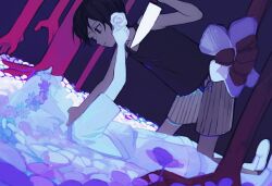 2boys ^_^ bare_arms bare_shoulders basil_(headspace)_(omori) basil_(omori) black_eyes black_hair black_tank_top boy_on_top chinese_commentary closed_eyes closed_mouth colored_skin commentary_request dutch_angle empty_eyes extra_arms facing_another field flower flower_field flower_wreath from_side full_body hair_between_eyes hair_spread_out hand_on_another&#039;s_neck hand_up head_wreath highres holding holding_flower holding_knife imminent_stabbing kitchen_knife knife looking_at_another lying male_focus moonskysoon multiple_boys no_pupils omori omori_(omori) on_back open_mouth overall_shorts overalls profile rose shoes short_hair short_sleeves shorts smile striped_clothes striped_shorts tank_top vertical-striped_clothes vertical-striped_shorts white_flower white_rose white_shorts white_skin 