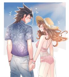  +++ 1boy 7_(milu577610) aerith_gainsborough aerith_gainsborough_(sunny_robe) bare_shoulders bikini black_hair blue_shirt blush bracelet breasts brown_hair chinese_commentary closed_eyes commentary_request couple cowboy_shot facing_another female final_fantasy final_fantasy_vii final_fantasy_vii_ever_crisis floral_print from_behind grin hat heart height_difference highres holding_hands jewelry long_hair male_swimwear medium_breasts official_alternate_costume pink_bikini print_shirt profile shirt short_sleeves smile spiked_hair straw_hat swim_trunks swimsuit zack_fair 