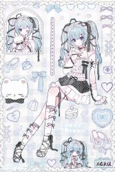  absurdres ankle_bow bag black_bow black_collar black_ribbon black_skirt blue_background blue_bow blue_hair blue_theme border bow breasts cake cake_slice character_name chibi cleavage closed_mouth collar cropped_torso crossed_bangs dot_nose eyelashes female food frilled_skirt frilled_tank_top frills full_body gelatin grey_ribbon grey_shoes hair_between_eyes hair_ornament hair_ribbon hairbow hairclip happy hatsune_miku heart heart_hair_ornament highres holding holding_stuffed_toy invisible_chair knee_up kneehighs knees leg_ribbon light_blush long_hair looking_at_viewer maomao_dawang mary_janes midriff miniskirt multiple_views navel one_eye_closed plaid_bag plaid_bow polka_dot polka_dot_skirt pudding ribbon shoes sitting skirt smile socks spaghetti_strap straight-on stuffed_animal stuffed_cat stuffed_toy tank_top thigh_ribbon tress_ribbon twintails two-tone_skirt vertical-striped_tank_top vocaloid wariza watermark watermark_grid wavy_hair white_arm_warmers white_border white_skirt white_socks white_tank_top window y2k_fashion 