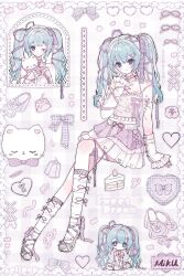  absurdres ankle_bow bad_link bag black_collar blue_background blue_hair border bow breasts cake cake_slice character_name chibi cleavage closed_mouth collar cropped_torso crossed_bangs dot_nose eyelashes female food frilled_skirt frilled_tank_top frills full_body gelatin grey_ribbon grey_shoes hair_between_eyes hair_ornament hair_ribbon hairbow hairclip happy hatsune_miku heart heart_hair_ornament highres holding holding_stuffed_toy invisible_chair knee_up kneehighs knees leg_ribbon light_blush long_hair looking_at_viewer maomao_dawang mary_janes midriff miniskirt multiple_views navel one_eye_closed plaid_bag plaid_bow polka_dot polka_dot_skirt pudding purple_bow purple_ribbon purple_skirt purple_theme ribbon shoes sitting skirt smile socks spaghetti_strap straight-on stuffed_animal stuffed_cat stuffed_toy tank_top thigh_ribbon tress_ribbon twintails two-tone_skirt vertical-striped_tank_top vocaloid wariza watermark watermark_grid wavy_hair white_arm_warmers white_border white_skirt white_socks white_tank_top window y2k_fashion 