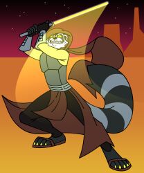  5:6 absurd_res anthro clone_wars clothing desert fantasy fetishame footwear hi_res homage jedi lightsaber male mammal melee_weapon outside planet procyonid raccoon reno sandals science_fiction shoes slashing solo star_wars weapon 