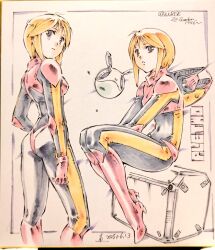 ass black_bodysuit bodysuit boots breasts character_name commentary_request copyright_name covered_navel crate dated female gloves grey_eyes gundam gundam_zz haro helmet knee_boots marker_(medium) mecha_pilot_suit moriguchi_nao_(naonao) multiple_views neo_zeon non-humanoid_robot normal_suit_(gundam) orange_hair parted_lips pilot_helmet puru_two red_boots red_gloves robot shikishi short_hair sitting skin_tight small_breasts space_helmet spacesuit traditional_media 