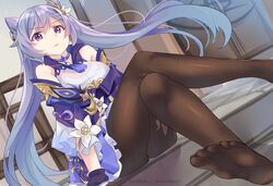  bare_shoulders black_pantyhose cone_hair_bun crossed_legs detached_sleeves dress feet female flower frilled_dress frilled_skirt frilled_sleeves frills full_body genshin_impact hair_bun hair_ornament keqing_(genshin_impact) legs looking_at_viewer no_shoes pantyhose patreon_username purple_eyes purple_hair ragnaveldt sitting skirt solo stairs twintails 