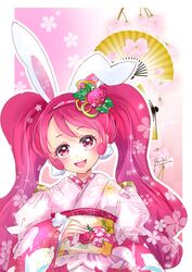  :d animal_ears blush border cure_whip earrings female floral_print hairband highres japanese_clothes jewelry kimono kirakira_precure_a_la_mode long_hair long_sleeves looking_at_viewer manekineko5319 obi open_mouth outline pink_eyes pink_hair pink_hairband pink_kimono precure print_kimono rabbit_ears sash signature sleeves_past_wrists smile solo twintails upper_body usami_ichika very_long_hair white_border wide_sleeves 