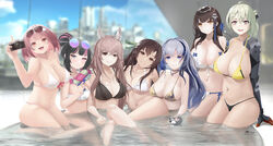  6+girls absurdres animal_ear_fluff animal_ears arms_behind_back artist_name bare_shoulders bikini black_bikini black_hair blue_eyes blue_hair blush braid breasts brown_eyes brown_hair camera cleavage closed_mouth collarbone daiyan_(neural_cloud) de_lacey_(neural_cloud) earrings eyewear_on_head girls&#039;_frontline girls&#039;_frontline_neural_cloud gold_bikini green_hair grey_eyes hair_bun hair_ornament hair_ribbon hairclip hand_on_floor heterochromia highres holding holding_camera holding_water_gun hubble_(neural_cloud) jewelry large_breasts legs long_hair looking_at_viewer mechanical_arms medium_breasts medium_hair mole mole_under_mouth multicolored_eyes multicolored_hair multiple_girls navel necklace on_water onsen open_mouth orange_eyes persicaria_(neural_cloud) pink_eyes pink_hair pool red_eyes ribbon same-sex_bathing shared_bathing shiny_swimsuit single_hair_bun single_mechanical_arm sitting smile souchun_(neural_cloud) standing star-shaped_pupils star_(symbol) swimsuit symbol-shaped_pupils teeth thighs type_64_(girls&#039;_frontline) type_95_(girls&#039;_frontline) upper_teeth_only vee_(neural_cloud) vinsentyu water_gun white_bikini willow_(neural_cloud) yellow_bikini 