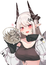  :d absurdres arknights black_gloves blush breasts cleavage collarbone commentary_request ear_piercing female gloves grey_hair hair_between_eyes hands_up highres holding horns jacket long_hair long_sleeves looking_at_viewer medium_breasts mudrock_(arknights) mudrock_(elite_ii)_(arknights) open_clothes open_jacket piercing pointy_ears puffy_long_sleeves puffy_sleeves red_eyes sculpture simple_background smile solo strap_slip upper_body white_background white_jacket xiangcao_xing_chen_bing 