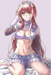  bare_legs barefoot bed_sheet bra breasts cleavage commentary_request elbow_gloves fate/grand_order fate_(series) female frilled_skirt frills full_body gloves groin hand_in_own_hair highres izumi_(2476264) lips long_hair looking_at_viewer medb_(fate) medium_breasts midriff miniskirt navel purple_background purple_bra red_hair shrug_(clothing) simple_background sitting skirt smile solo straight_hair thighs tiara underwear wariza white_gloves yellow_eyes 