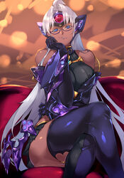  absurdres ahoge android ass bad_link bare_shoulders black_gloves black_leotard black_thighhighs blue_eyes blurry blurry_background breasts cleavage closed_mouth clothing_cutout couch crossed_legs dark-skinned_female dark_skin dress elbow_gloves female gem glasses gloves grey_hair hand_on_own_cheek hand_on_own_chin hand_on_own_face head_rest headgear highres large_breasts leotard lips lipstick long_hair looking_at_viewer makeup negresco parted_lips shiny_clothes shiny_skin short_dress sitting skirt sleeveless smile solo t-elos t-elos_re: teeth thighhighs thighs turtleneck very_long_hair xenoblade_chronicles_(series) xenoblade_chronicles_2 xenosaga xenosaga_episode_iii 