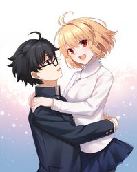  1boy ahoge antenna_hair arcueid_brunestud black-framed_eyewear black_eyes black_hair black_jacket blonde_hair blue_skirt buttons carrying carrying_person commentary_request female glasses hair_between_eyes hands_on_another&#039;s_hips hands_on_another&#039;s_shoulders highres hug jacket jewelry long_sleeves looking_at_another looking_at_viewer looking_up miniskirt necklace nemu_mohu open_mouth pantyhose profile red_eyes school_uniform short_hair single_hair_intake skirt smile sweater teeth tohno_shiki tsukihime tsukihime_(remake) turtleneck turtleneck_sweater white_sweater 