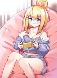  :t bare_shoulders bean_bag_chair blonde_hair blue_eyes blush breasts camisole cleavage collarbone commission dolphin_shorts female game_console habetrot_(last_origin) hair_between_eyes hair_bun handheld_game_console highres holding holding_handheld_game_console ine_(ineinnen) jacket jacket_on_shoulders joy-con last_origin looking_at_viewer midriff navel nintendo_switch pixiv_commission playing_games pout short_shorts shorts single_hair_bun sitting solo spaghetti_strap tears 