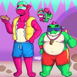  1:1 anthro blush_marks brawl_stars buzz_(brawl_stars) clothing cutaway dinosaur doug_(brawl_stars) duo extinct eyewear food hi_res hot_dog life_jacket lifeguard male murderdroid_(artist) nipples prehistoric_species reptile scalie slightly_chubby slightly_chubby_male sunglasses supercell_(company) swimming_trunks swimwear whistle_(object) 