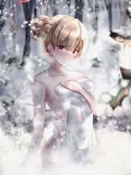  absurdres bare_arms bare_shoulders blue_archive female halo highres naked_towel nodoka_(blue_archive) nude orange_hair red_eyes ruko_(user_zdfp4487) snowing towel white_towel 