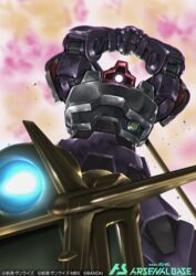  aircraft airplane clenched_hands dom_(mobile_suit) glowing glowing_eye gomibako_(shirokumatei) gundam gundam_arsenal_base logo mecha medea_(gundam) mobile_suit mobile_suit_gundam no_humans official_art one-eyed pink_eyes robot science_fiction thrusters zeon 