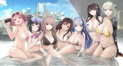  6+girls absurdres animal_ear_fluff animal_ears arms_behind_back artist_name bare_shoulders bikini black_bikini black_hair blue_eyes blue_hair blush braid breasts brown_eyes brown_hair camera cleavage closed_mouth collarbone covered_nipples daiyan_(neural_cloud) de_lacey_(neural_cloud) earrings eyewear_on_head girls&#039;_frontline girls&#039;_frontline_neural_cloud gold_bikini green_hair grey_eyes hair_bun hair_ornament hair_ribbon hairclip hand_on_floor heterochromia highres holding holding_camera holding_water_gun hubble_(neural_cloud) jewelry large_breasts legs long_hair looking_at_viewer mechanical_arms medium_breasts medium_hair mole mole_under_mouth multicolored_eyes multicolored_hair multiple_girls navel necklace on_water onsen open_mouth orange_eyes persicaria_(neural_cloud) pink_eyes pink_hair pool red_eyes revision ribbon same-sex_bathing shared_bathing shiny_swimsuit single_hair_bun single_mechanical_arm sitting smile souchun_(neural_cloud) standing star-shaped_pupils star_(symbol) swimsuit symbol-shaped_pupils teeth thighs type_64_(girls&#039;_frontline) type_95_(girls&#039;_frontline) upper_teeth_only vee_(neural_cloud) vinsentyu water_gun white_bikini willow_(neural_cloud) yellow_bikini 