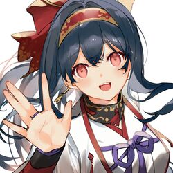  :d absurdres aku_no_onna_kanbu:_perigee_new_moon arrow_(tamawo222) black_hair bow commentary_request female hair_between_eyes hairband hairbow hand_up highres japanese_clothes kimono long_hair long_sleeves looking_at_viewer official_art open_mouth purple_ribbon red_bow red_eyes red_hairband ribbon simple_background smile solo teeth upper_body upper_teeth_only white_background white_kimono 