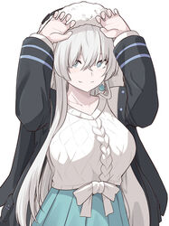  anastasia_(fate) anastasia_(under_the_same_sky)_(fate) black_jacket blue_eyes blue_skirt blush breasts fate/grand_order fate_(series) female hair_over_one_eye hood hood_up jacket large_breasts long_hair long_sleeves looking_at_viewer open_clothes open_jacket shiseki_hirame simple_background skirt smile sweater white_background white_sweater 