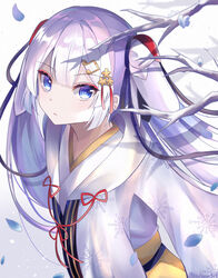  absurdres blunt_bangs branch chihaya_(clothing) commentary eyeliner falling_petals female hair_ornament hairclip hatsune_miku highres japanese_clothes kimono makeup musical_note musical_note_hair_ornament noneon319 obi petals sash snow snowflake_print snowing solo upper_body vocaloid white_background white_hair white_kimono winter yuki_miku yuki_miku_(2018) 