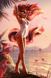  absurd_res anthro avian beach bird breasts chest_tuft clothing cutie_mark equestria_girls equid equine exposure_variation eyebrows eyelashes female flamingo hands_behind_head hasbro hi_res hooves horn horse jumperkit mammal my_little_pony mythological_creature mythological_equine mythology one-piece_swimsuit outside pony sea seaside side_view smile solo standing sunset sunset_shimmer_(eg) swimwear tuft unguligrade_anthro unicorn water white_clothing white_swimwear 