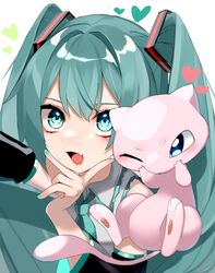  aqua_eyes aqua_hair aqua_nails commentary crossover eyebrows_hidden_by_hair female gradient_hair green_eyes green_hair hair_ornament hatsune_miku heart highres long_hair looking_at_viewer mew_(pokemon) multicolored_hair necktie oerba_yun_fang one_eye_closed open_mouth pokemon pokemon_(creature) reirou_(chokoonnpu) scarf selfie simple_background skin_fang smile twintails upper_body v vocaloid white_background 