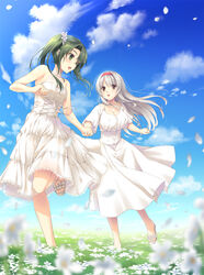  2girls alt_text blush breasts brown_eyes buttons cleavage day dress flower green_eyes green_hair hair_between_eyes headband highres kantai_collection large_breasts long_hair minakami_nagara multiple_girls open_mouth outdoors red_headband sandals short_sleeves shoukaku_(kancolle) small_breasts strapless strapless_dress twintails white_dress white_flower white_hair zuikaku_(kancolle) 