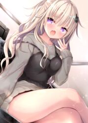  :o blonde_hair blush cat_hair_ornament commentary_request crossed_legs female hair_ornament highres huei_nazuki indoors long_hair long_sleeves looking_at_viewer oerba_yun_fang original purple_eyes sitting skin_fang solo strap_slip 