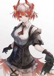  aiv arknights bird_tail black_skirt commentary cowboy_shot female fiammetta_(arknights) gradient_background grey_background high-waist_skirt highres looking_at_viewer necktie petticoat pointy_hair red_eyes red_hair red_necktie shirt short_hair short_sleeves skirt smile solo standing tail thighs white_shirt 