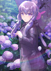  animal_hood animal_print commentary cowboy_shot dress female flower frilled_dress frills from_side hair_tie holding holding_umbrella hood hooded_jacket hydrangea jacket lens_flare looking_to_the_side outdoors photo-referenced pink_flower plant pty purple_dress purple_eyes purple_flower purple_hair purple_jacket purple_sleeves purple_theme purple_umbrella rabbit_hood rabbit_print rain rainbow raincoat short_hair_with_long_locks sidelocks solo standing umbrella vocaloid voiceroid yuzuki_yukari 