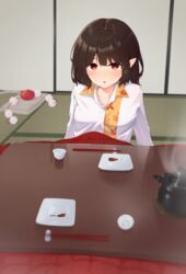  :o bag blurry blurry_background blurry_foreground blush brown_hair choko_(cup) chopstick_rest chopsticks commentary_request cup depth_of_field female fusuma hat highres indoors kanpa_(campagne_9) kotatsu leaf_print long_sleeves looking_at_viewer plate pointy_ears pom_pom_(clothes) pov red_eyes satchel shameimaru_aya short_hair sliding_doors solo steam table tatami teapot tokin_hat touhou two-tone_shirt under_kotatsu under_the_table unworn_hat unworn_headwear 