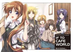  5girls :d ahoge alternate_costume apron arisa_bunnings artist_name black_apron black_border black_hair black_shawl black_sweater blonde_hair blouse blue_eyes blue_shirt border brown_hair brown_sweater circle_name closed_eyes closed_mouth collared_shirt commentary_request copyright_name cover cover_page cup doujin_cover english_text fate_testarossa food hair_ornament hair_over_shoulder hair_tie head_rest holding holding_menu holding_plate indoors jewelry kuroi_mimei light_blush light_smile long_hair long_sleeves looking_at_viewer looking_back lyrical_nanoha mahou_shoujo_lyrical_nanoha mahou_shoujo_lyrical_nanoha_strikers menu multiple_girls necklace open_mouth outside_border pants parted_lips plaid_shawl plate restaurant saucer shawl shirt short_hair side_ponytail sitting smile standing steam sweater takamachi_nanoha teacup tsukimura_suzuka waitress white_pants white_shirt x_hair_ornament yagami_hayate 