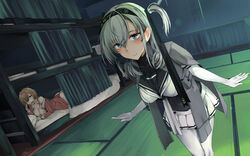  2girls anchor_symbol bed black_sailor_collar blue_eyes blush bodysuit breasts cape clothes_writing commentary_request grey_cape hachimaki hair_between_eyes hair_ribbon headband indoors kantai_collection large_breasts light_brown_hair long_hair lying multiple_girls on_stomach one_eye_closed one_side_up open_mouth pajamas pleated_skirt ribbon sailor_collar school_uniform serafuku skirt smile suzutsuki_(kancolle) tatami teruzuki_(kancolle) white_background white_bodysuit yukiguni_yuu 