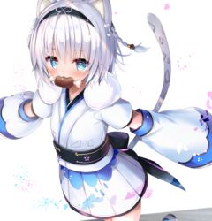  :3 animal_ears blue_eyes blush boned_meat detached_sleeves female flat_chest food food_in_mouth fur_collar hairband huei_nazuki kohaku_nene la_peche_party leopard_ears leopard_girl leopard_tail long_sleeves looking_at_viewer meat short_hair solo tail virtual_youtuber white_background white_hair 