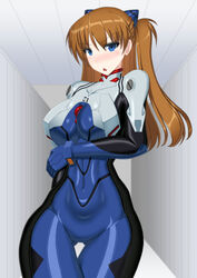  ass_visible_through_thighs blue_bodysuit blue_eyes bodysuit breasts cosplay covered_navel cowboy_shot curvy female fuuki_(misty_wind) headgear highres ikari_shinji ikari_shinji_(cosplay) impossible_bodysuit impossible_clothes interface_headset large_breasts linea_alba looking_at_viewer multicolored_bodysuit multicolored_clothes neon_genesis_evangelion orange_hair pilot_suit plugsuit science_fiction shiny_clothes skin_tight solo souryuu_asuka_langley thigh_gap tsundere white_bodysuit wide_hips 