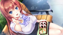  bench bento black_skirt blue_eyes bow bowtie breasts brown_hair chopsticks day feeding female food game_cg highres himukai_chihiro himukai_chihiro_wa_shigoto_ga_tsuzukanai incoming_food large_breasts long_hair looking_at_viewer mole mole_under_eye muutsuki non-web_source onigiri open_mouth outdoors shirt sitting skirt smile solo white_shirt 