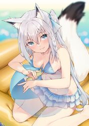  :3 absurdres animal_ears ball beachball bikini blue_bikini blue_eyes braid braided_bangs commentary_request female fox_ears frilled_skirt frills hair_ornament hair_ribbon highres hololive inflatable_raft koubou_(cowbow_kun) long_hair official_alternate_costume ribbon shirakami_fubuki shirakami_fubuki_(hololive_summer_2019) side_ponytail skirt solo swimsuit virtual_youtuber white_hair white_skirt 