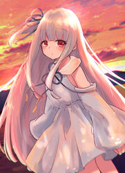  blue_dress blue_hair blue_sleeves blunt_bangs chromatic_aberration collared_dress detached_sleeves dress expressionless female hair_ribbon highres kotonoha_aoi light_blue_hair long_hair mountainous_horizon outdoors pty red_eyes ribbon sailor_collar sleeveless sleeveless_dress solo twilight very_long_hair voiceroid 