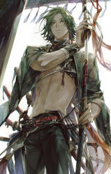  1boy bandages bare_back belt closed_mouth earrings eyes_visible_through_hair fingernails green_eyes green_hair haban_(haban35) half-closed_eyes highres holding holding_sheath holding_sword holding_weapon jewelry katana korean_commentary light_rays looking_down male_focus multiple_swords navel original scabbard sheath sheathed single_earring solo standing sword turtleneck unsheathing weapon 