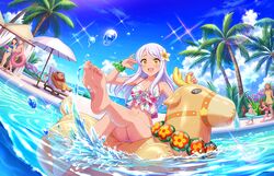  2boys 4girls armband beach_chair bikini blitzen cloud eve_santaclaus feet flower hair_flower hair_ornament idolmaster idolmaster_cinderella_girls long_hair midriff multiple_boys multiple_girls navel official_art open_mouth outdoors palm_tree people pool reindeer runny_nose sky snot sunbathing swimsuit tan tanlines thighhighs toenails toes tree water white_hair yellow_eyes 