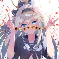  ahoge aku_no_onna_kanbu:_perigee_new_moon arrow_(tamawo222) bell black_bow black_hairband black_sailor_collar black_shirt blue_eyes blurry blurry_background bow closed_mouth collarbone commentary_request confetti depth_of_field female grey_background grey_hair grey_neckerchief hair_between_eyes hairband hairbow hands_up highres holding jingle_bell long_hair neckerchief official_art pennant sailor_collar shirt short_sleeves smile solo star_(symbol) string_of_flags translation_request upper_body 