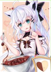  absurdres ahoge alternate_costume animal_ears black_bow blush book border bow braid breasts chocolate chocolate_making chocolate_on_body chocolate_on_breasts chocolate_on_face chocolate_on_hand cleavage cleavage_cutout clothing_cutout commentary_request extra_ears female food food_on_body food_on_face food_on_hand fox_ears fox_girl green_eyes hair_between_eyes hairbow heart highres holding holding_spoon hololive long_hair looking_at_viewer medium_breasts off_shoulder ponytail shirakami_fubuki shirt short_sleeves sidelocks single_braid solo soma443 spoon tongue tongue_out virtual_youtuber white_hair white_shirt 