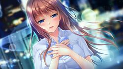  blue_eyes blurry blurry_background blush bokeh bow bowtie brown_hair city crying depth_of_field female game_cg hand_on_own_chest highres himukai_chihiro himukai_chihiro_wa_shigoto_ga_tsuzukanai light_particles long_hair looking_at_viewer muutsuki night non-web_source open_mouth outdoors shirt solo tears white_shirt 