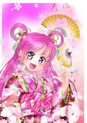  :d animal_print border butterfly_earrings butterfly_print cure_dream earrings eyelashes female hair_rings highres japanese_clothes jewelry kimono long_hair long_sleeves looking_at_viewer manekineko5319 open_mouth outline pink_hair precure purple_eyes signature smile solo tied_hair upper_body very_long_hair w white_border wide_sleeves yes!_precure_5 yukata yumehara_nozomi 