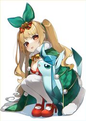  :d azur_lane blonde_hair blush bow coat commission covering_privates crossover earrings female glaceon highres jenkins_(azur_lane) jenkins_(light_of_the_holiest_star)_(azur_lane) jewelry long_hair looking_at_viewer oerba_yun_fang official_alternate_costume open_mouth pokemon pokemon_(creature) red_eyes red_footwear reirou_(chokoonnpu) ribbon simple_background skeb_commission skin_fang smile star_(symbol) star_earrings wavy_hair white_background winter_clothes winter_coat 