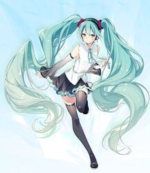  absurdly_long_hair aqua_eyes aqua_hair aqua_nails aqua_ribbon asagao_minoru bare_shoulders black_skirt black_thighhighs blue_background boots detached_sleeves female full_body hair_ornament hatsune_miku hatsune_miku_(nt) headphones highres leg_up long_hair looking_at_viewer miniskirt nail_polish neck_ribbon neck_ribbon_grab piapro pleated_skirt ribbon see-through see-through_legwear see-through_sleeves shirt signature skindentation skirt sleeveless sleeveless_shirt smile solo thigh_boots thighhighs twintails very_long_hair vocaloid white_shirt white_sleeves zettai_ryouiki 