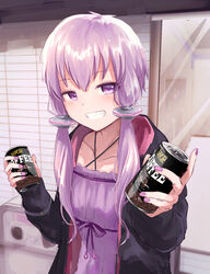  artist_name black_jacket can canned_coffee commentary criss-cross_halter dress drink_can female grin halterneck highres holding holding_can hood hooded_jacket indoors jacket looking_at_viewer looking_to_the_side mirror pty purple_dress purple_eyes purple_hair purple_nails smile solo upper_body vocaloid voiceroid yuzuki_yukari 