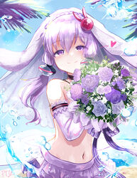  artist_name beach bouquet bridal_veil commentary day dress female flower hair_ornament hair_tubes half-closed_eyes heart highres holding holding_bouquet looking_at_viewer midriff miniskirt navel ocean outdoors palm_tree pleated_skirt pty purple_eyes purple_flower purple_hair purple_rose rabbit_hair_ornament rose sand seashell shell short_hair_with_long_locks skirt smile solo sparkle stomach tree upper_body veil vocaloid voiceroid water_drop wedding_dress yuzuki_yukari 