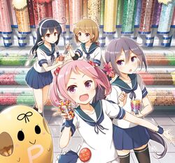  4girls :d ahoge akebono_(kancolle) animal_on_shoulder badge bandaid bandaid_on_face bell black_hair blue_sailor_collar blue_skirt brown_eyes brown_hair candy candy_store commentary_request crab cup flower food frilled_skirt frills glass hair_bell hair_bobbles hair_flower hair_ornament hairband headband jingle_bell kantai_collection long_hair multiple_girls oboro_(kancolle) open_mouth outstretched_arm pink_eyes pink_hair pleated_skirt puffy_short_sleeves puffy_sleeves purple_eyes purple_hair rabbit sailor_collar sazanami_(kancolle) school_uniform serafuku shop short_hair short_sleeves side_ponytail skirt smile the_yuudachi-like_creature thighhighs tile_floor tiles twintails ushio_(kancolle) ushio_kai_ni_(kancolle) very_long_hair white_hairband wristband yume_no_owari zettai_ryouiki 