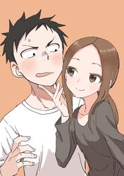  1boy absurdres black_hair black_shirt blush brown_background brown_eyes brown_hair closed_mouth collarbone commentary female forehead hand_up highres karakai_jouzu_no_(moto)_takagi-san karakai_jouzu_no_takagi-san long_hair long_sleeves low_ponytail nishikata official_art open_mouth parted_bangs ponytail shirt simple_background smile straight sweat takagi-san wavy_mouth white_shirt yamamoto_souichirou 