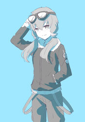  animal_print blue_background coat commentary cowboy_shot female fur-trimmed_coat fur_trim goggles goggles_on_head greyscale_with_colored_background hair_tubes hand_in_pocket hand_up highres looking_at_viewer monochrome pty rabbit_print short_hair_with_long_locks sidelocks smile solo standing vocaloid voiceroid yuzuki_yukari 